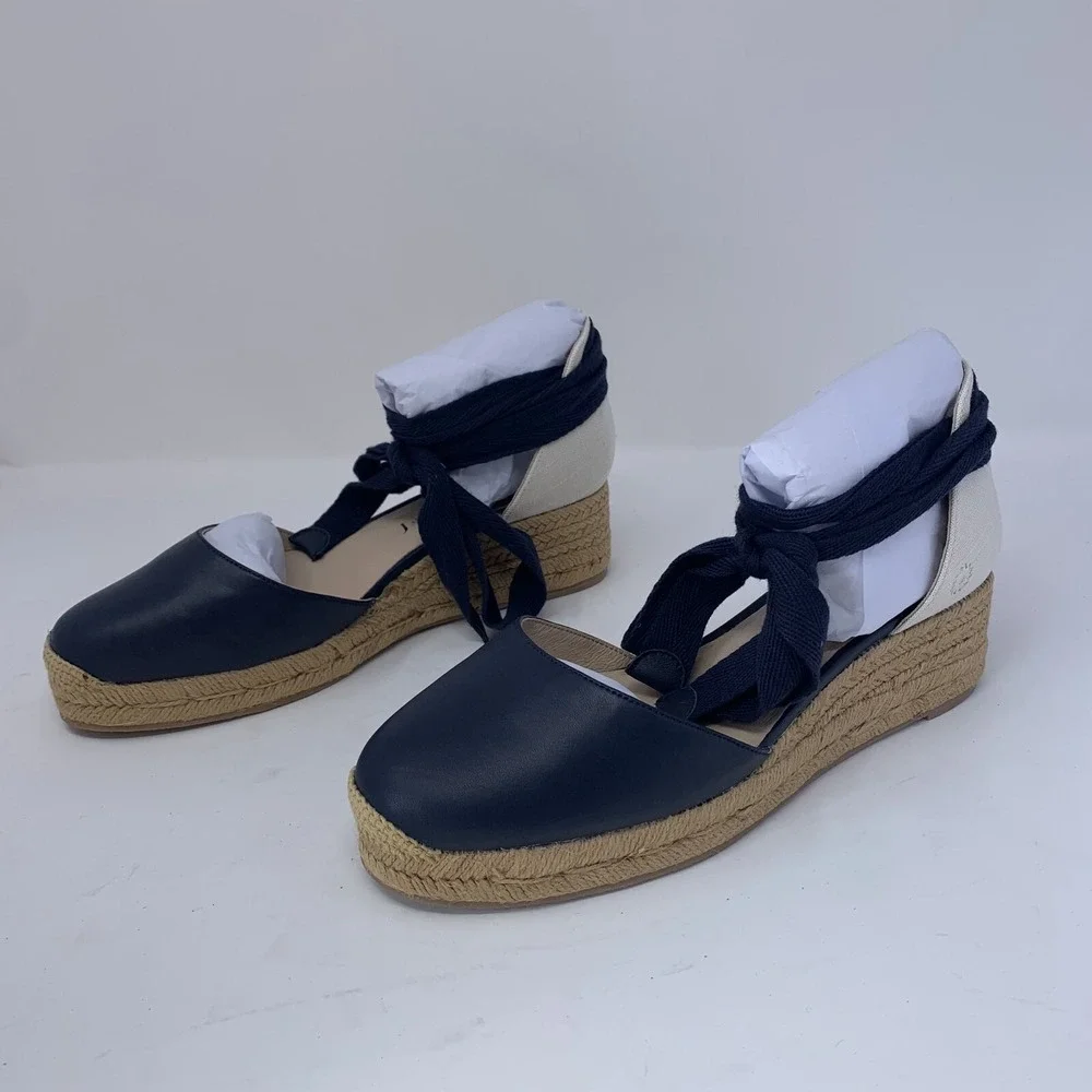 Jack Rogers Sandals Women 7M Midnight Navy Leather Palmer Espadrille Wedge S0655